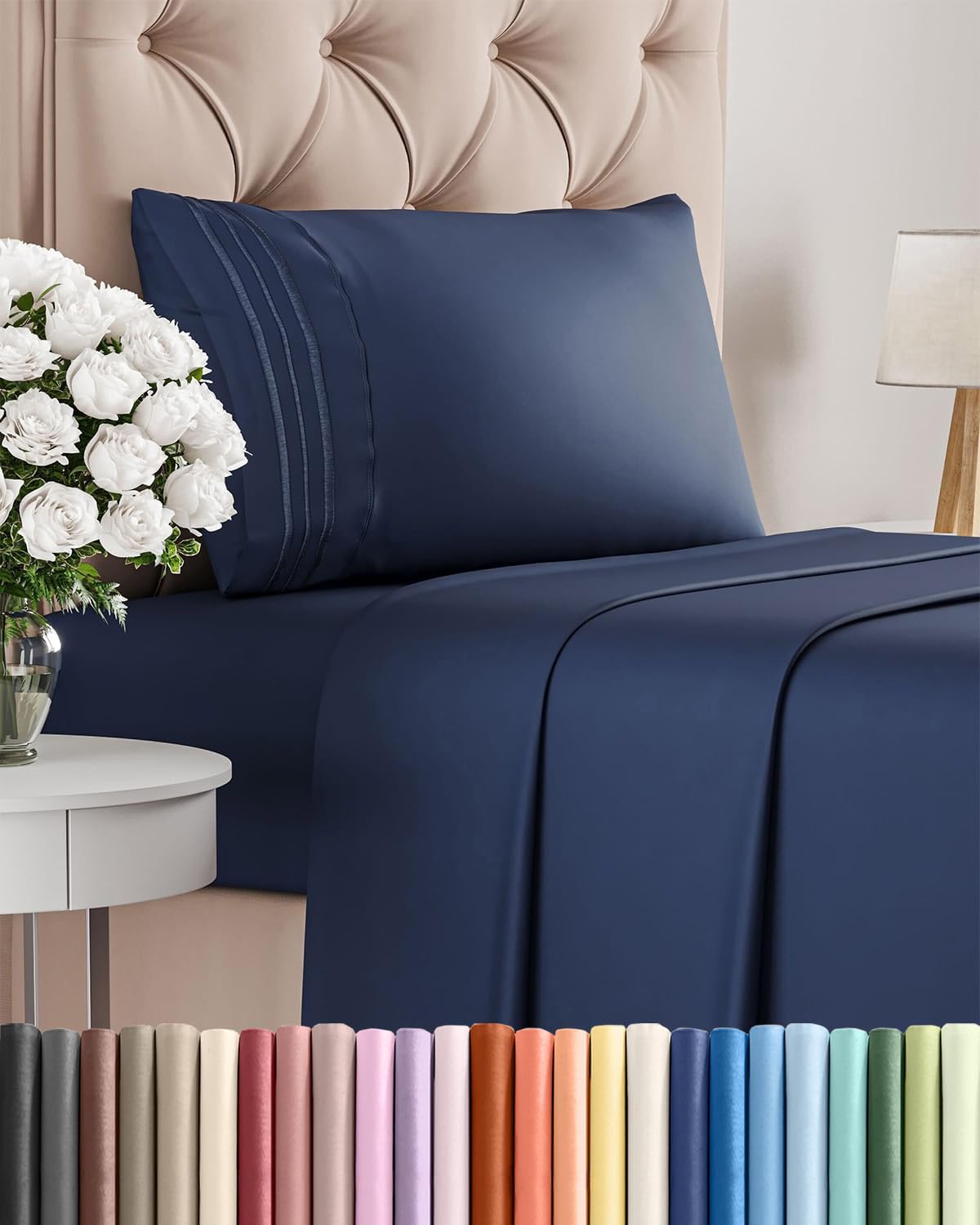 Queen Size 4 Piece Sheet Set - Breathable & Cooling Sheets - Blue Stripes