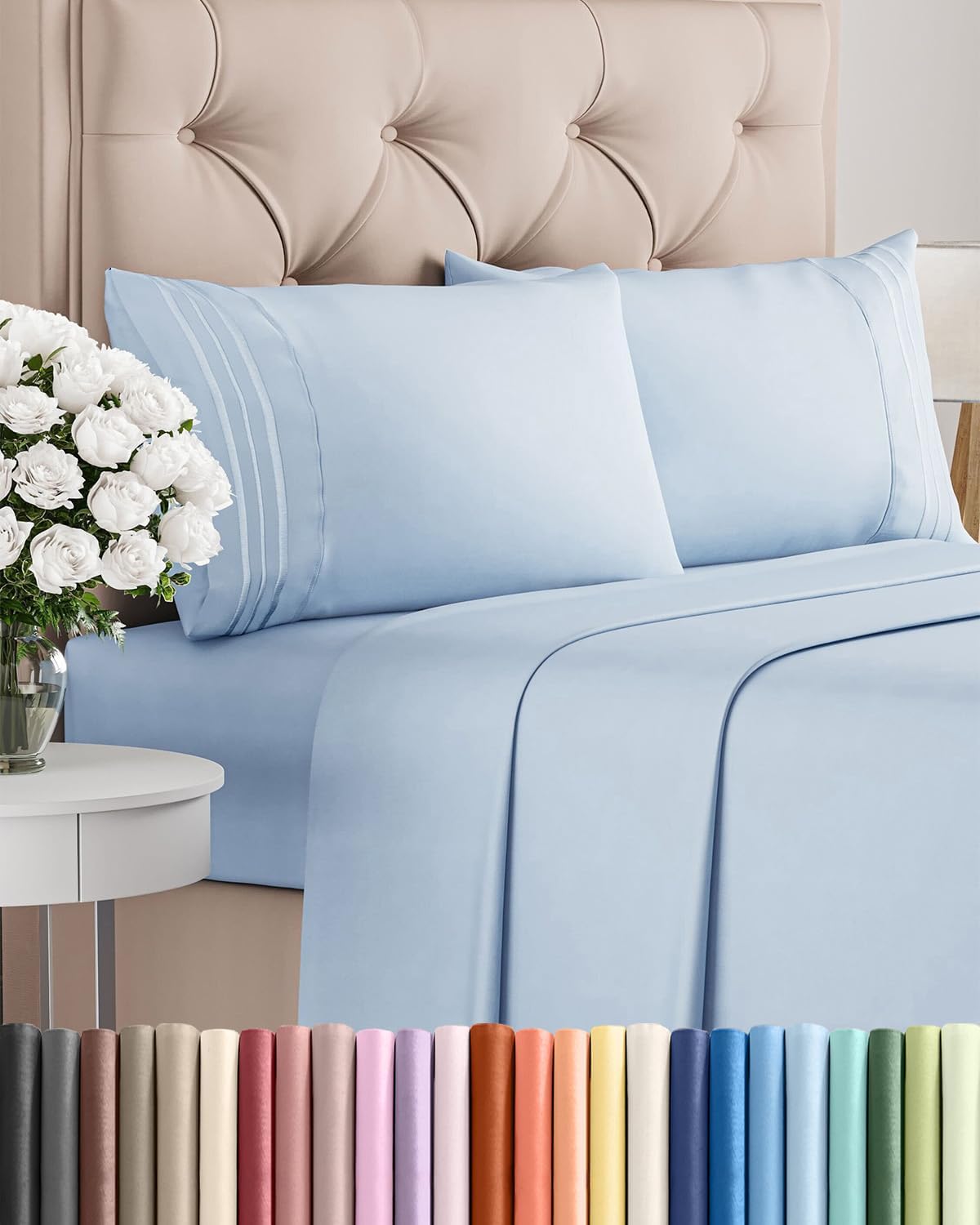 Queen Size 4 Piece Sheet Set - Breathable & Cooling Sheets - Blue Stripes