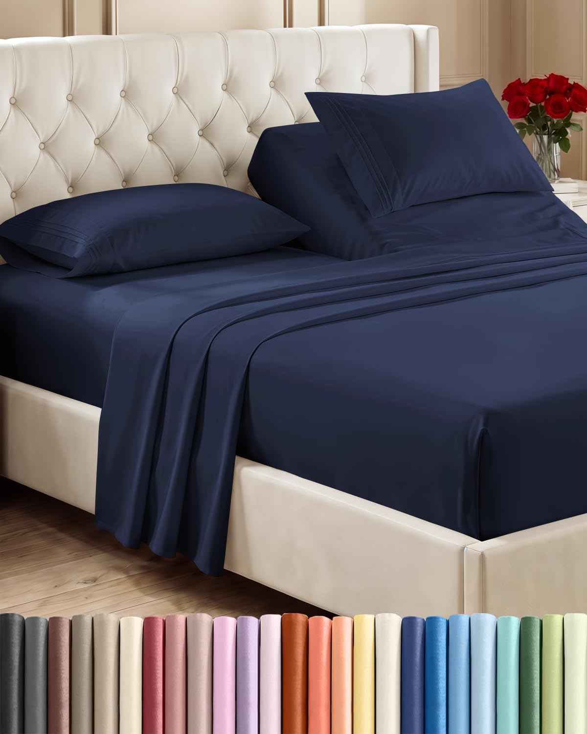 Queen Size 4 Piece Sheet Set - Breathable & Cooling Sheets - Blue Stripes