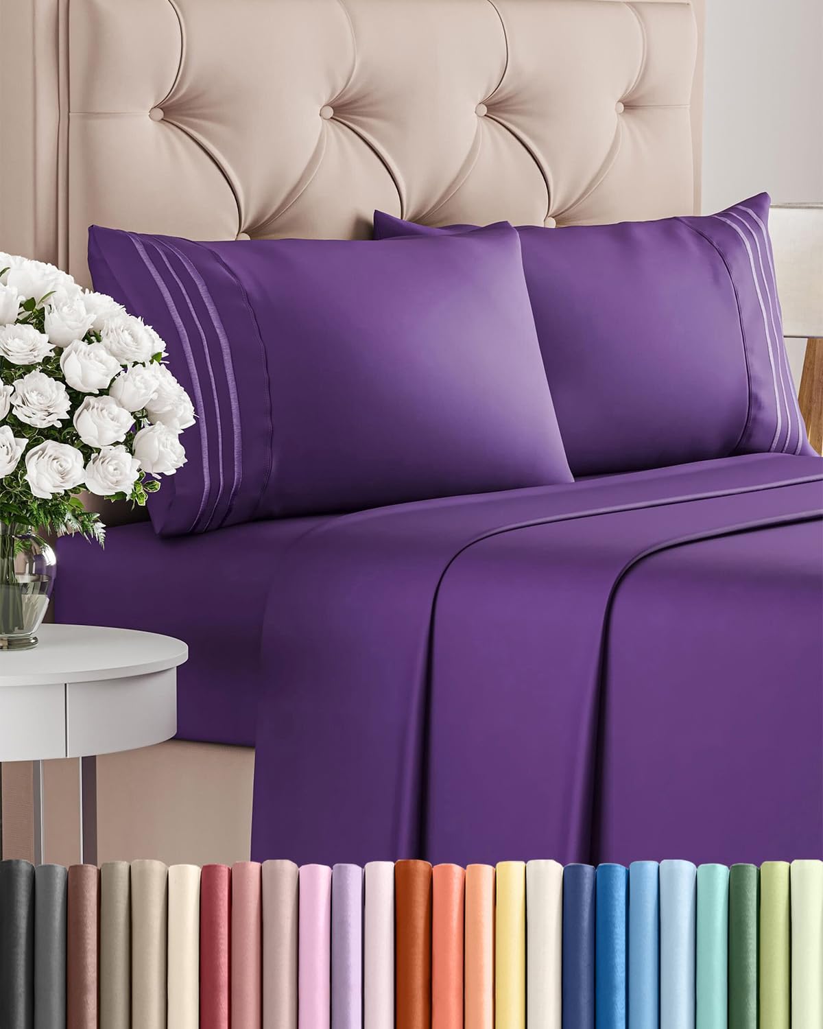 Queen Size 4 Piece Sheet Set - Breathable & Cooling Sheets - Blue Stripes