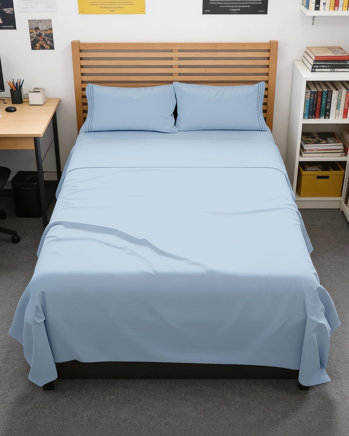 Queen Size 4 Piece Sheet Set - Breathable & Cooling Sheets - Blue Stripes