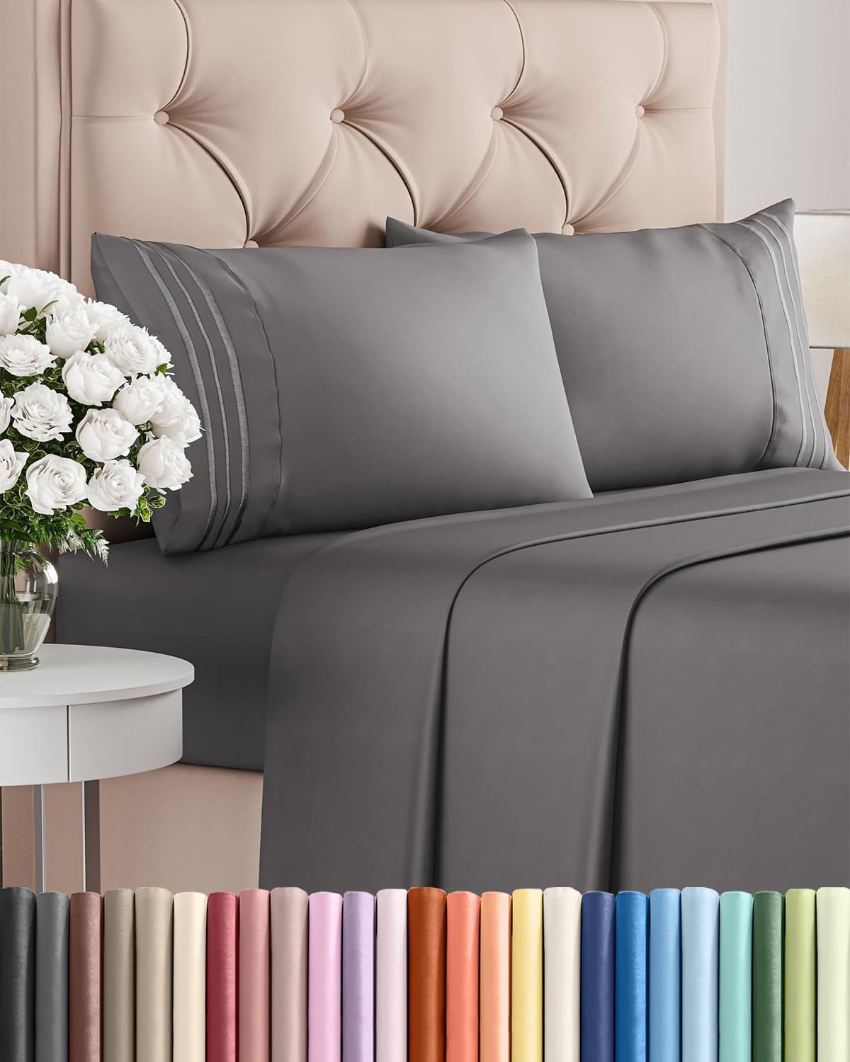 Queen Size 4 Piece Sheet Set - Breathable & Cooling Sheets - Blue Stripes