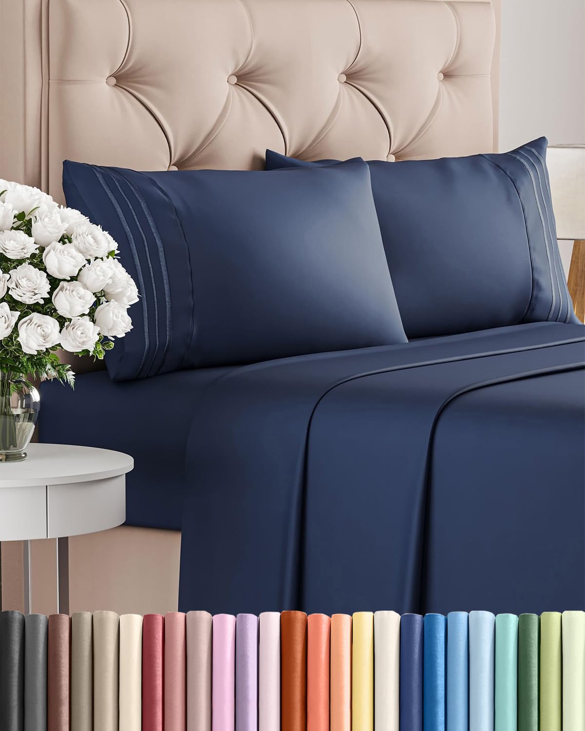 Queen Size 4 Piece Sheet Set - Breathable & Cooling Sheets - Blue Stripes