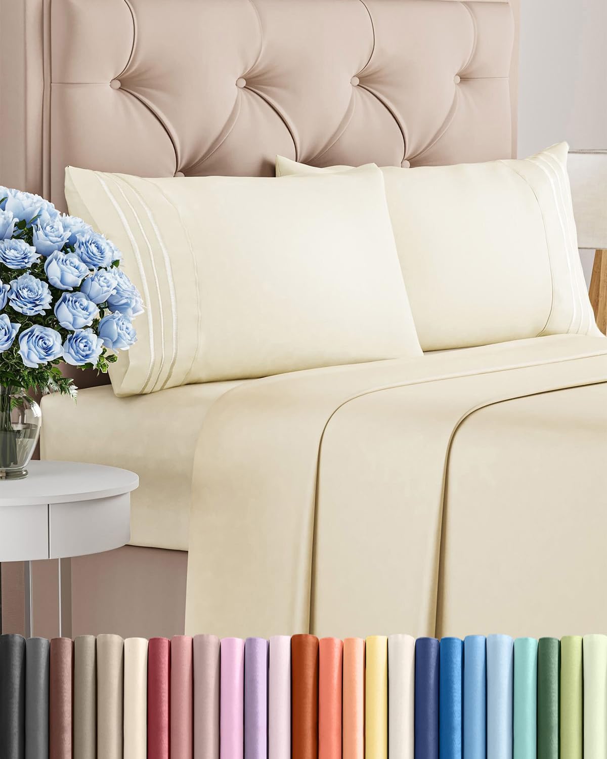 Queen Size 4 Piece Sheet Set - Breathable & Cooling Sheets - Blue Stripes