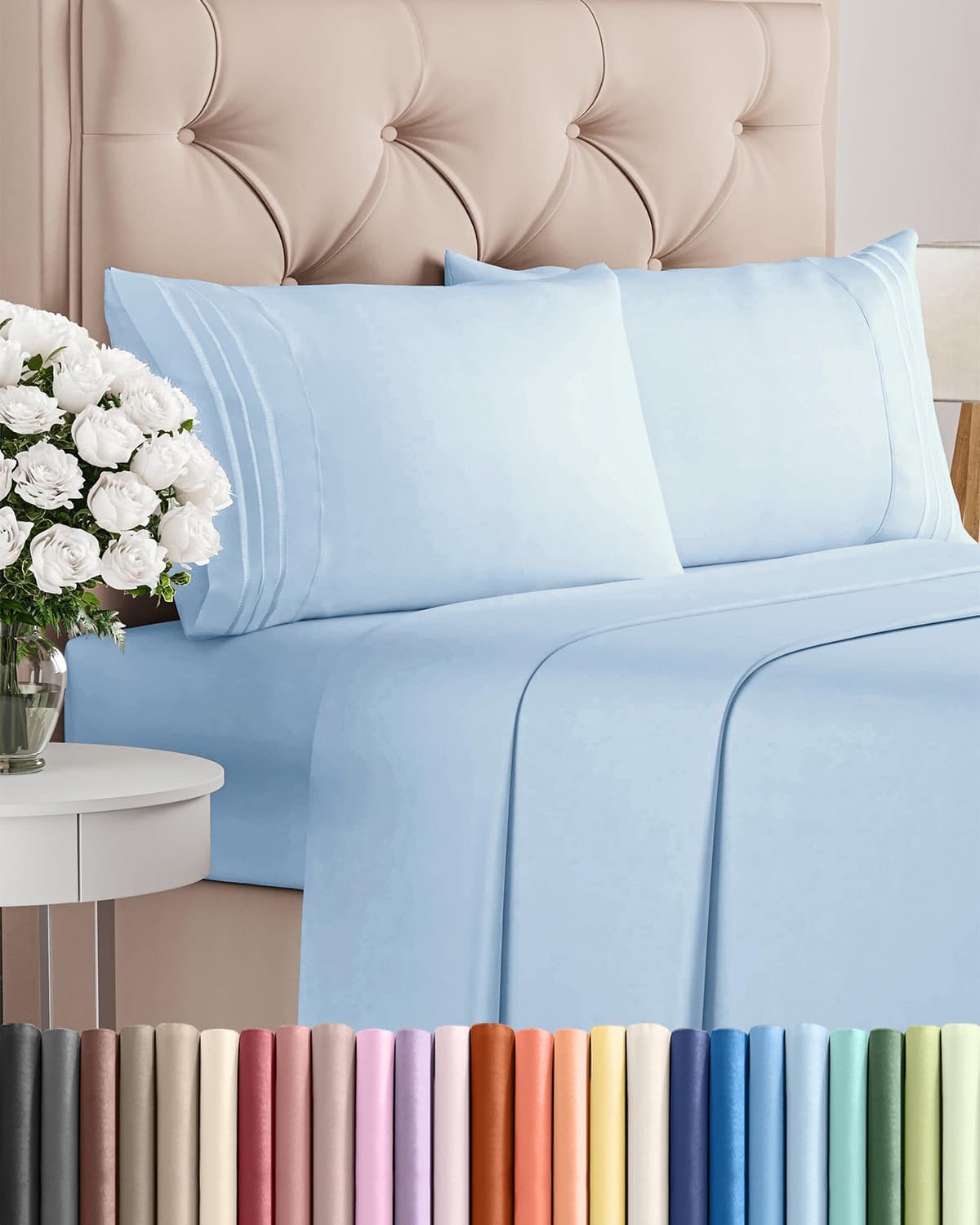 Queen Size 4 Piece Sheet Set - Breathable & Cooling Sheets - Blue Stripes