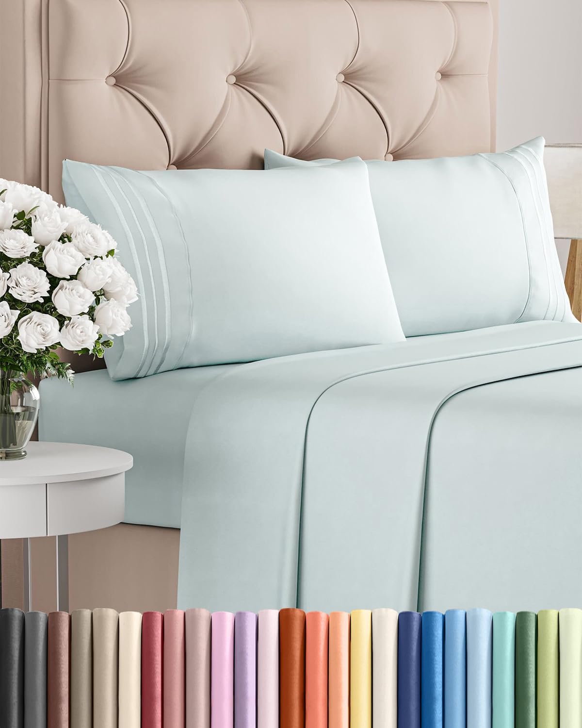 Queen Size 4 Piece Sheet Set - Breathable & Cooling Sheets - Blue Stripes