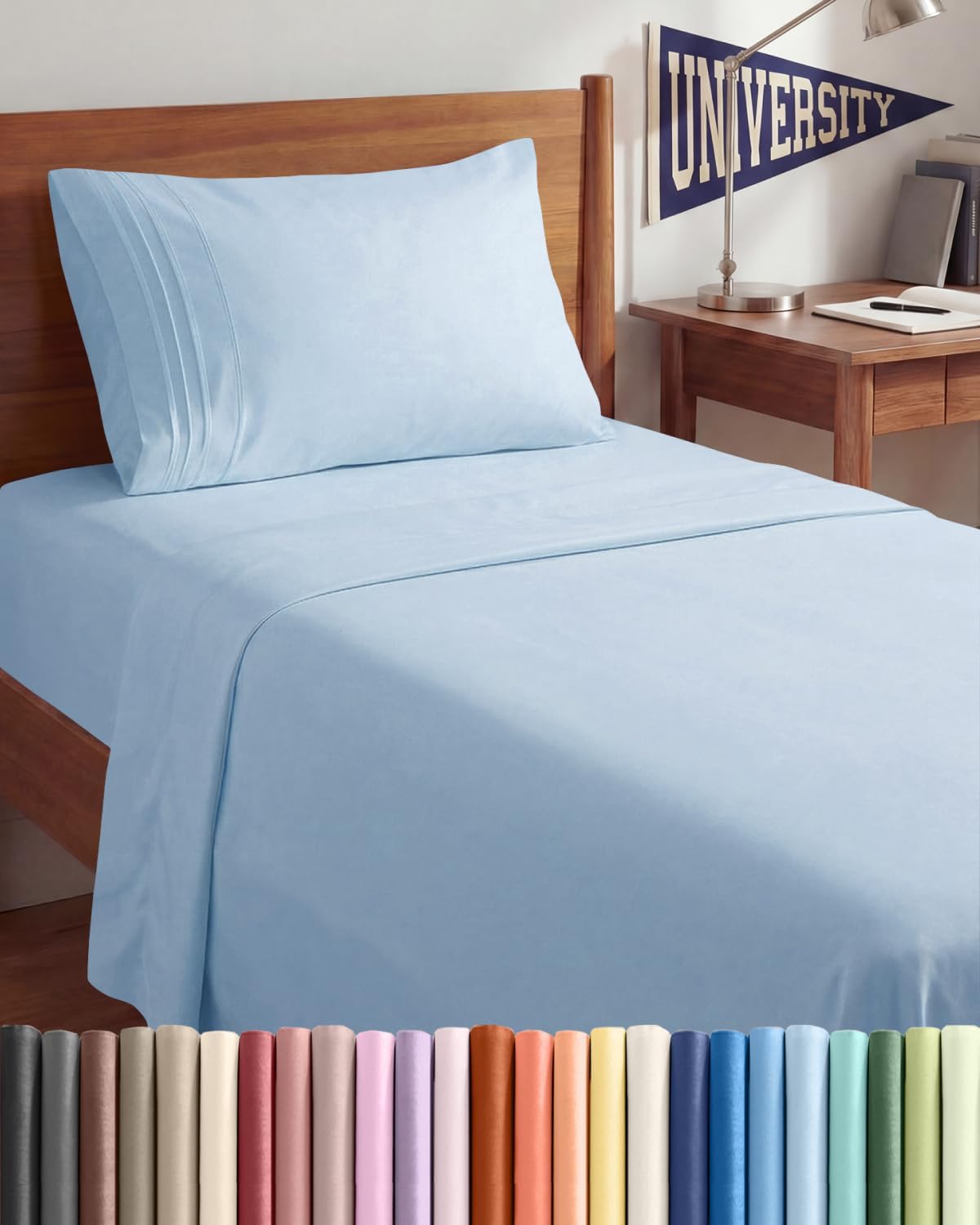 Queen Size 4 Piece Sheet Set - Breathable & Cooling Sheets - Blue Stripes