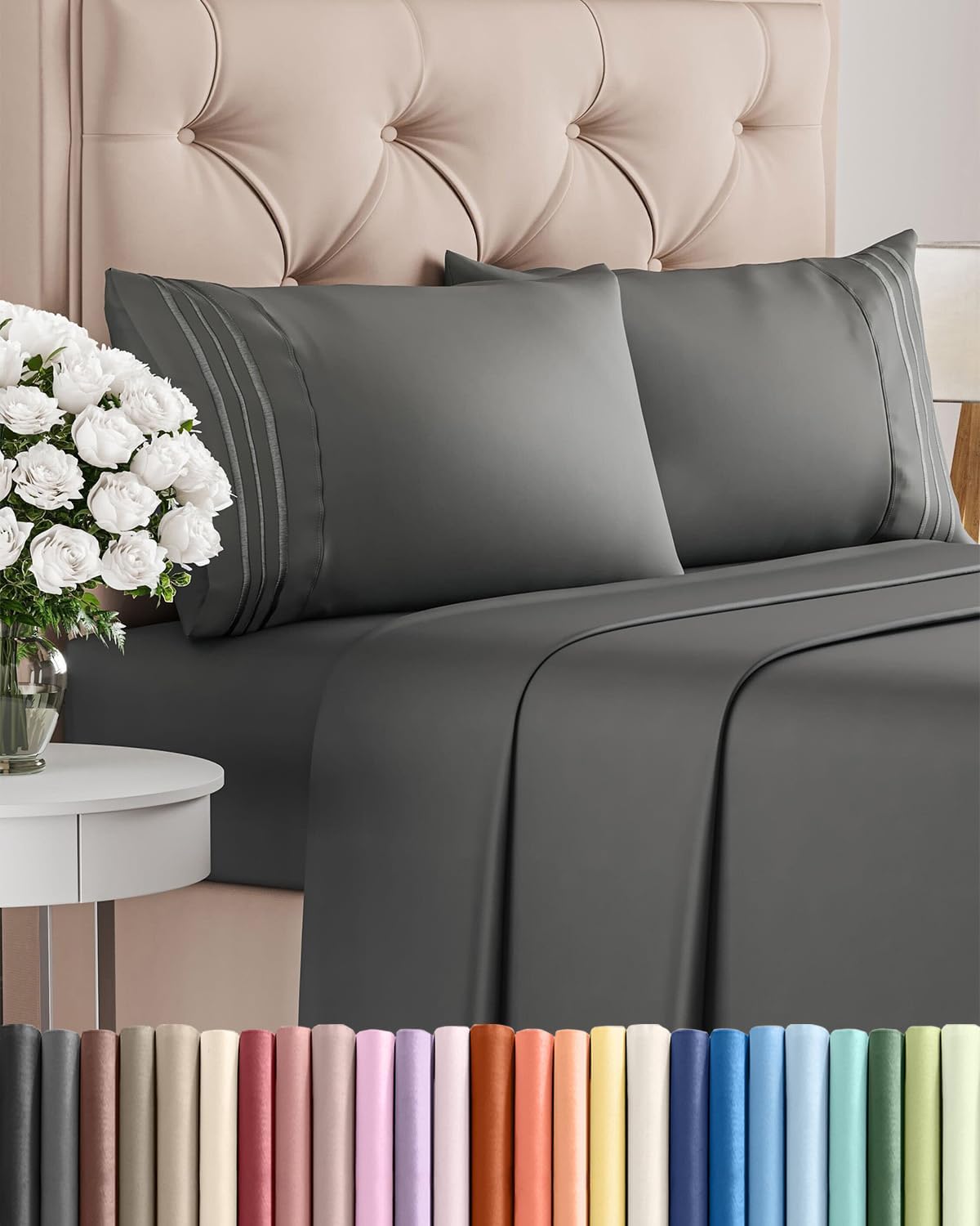 Queen Size 4 Piece Sheet Set - Breathable & Cooling Sheets - Blue Stripes