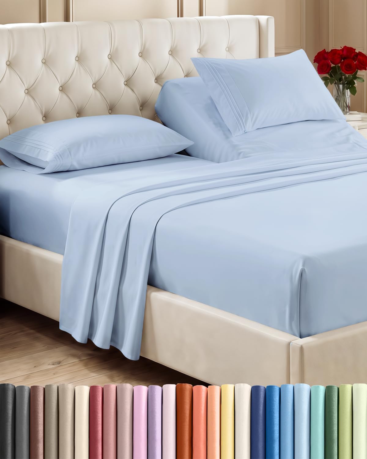 Queen Size 4 Piece Sheet Set - Breathable & Cooling Sheets - Blue Stripes