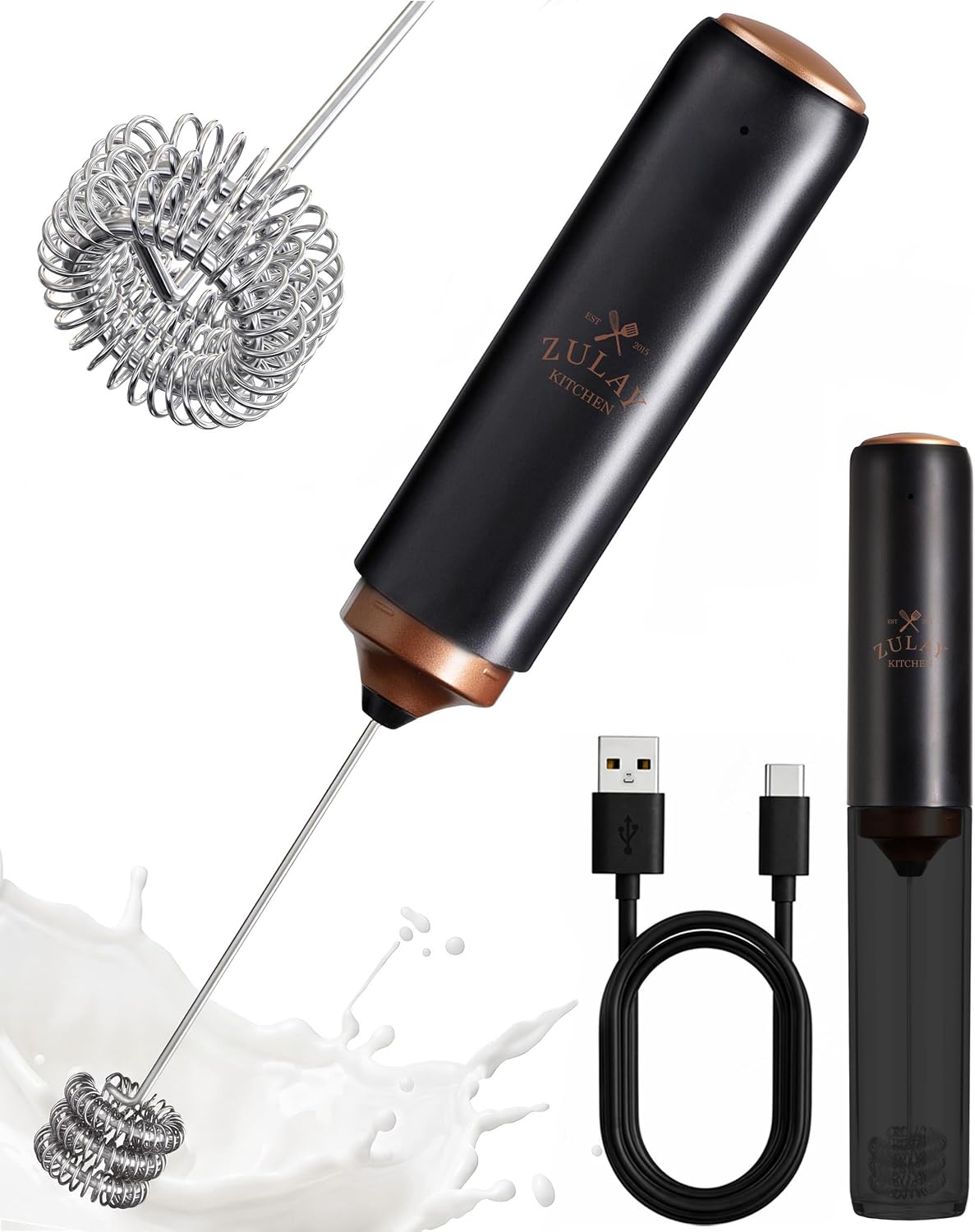 Zulay Kitchen Milk Frother Handheld Electric Whisk – Frother Wand, Durable Drink Mixer, Coffee Frother, Hand Blender, Frother for Protein Powder, Matcha & More - Black
