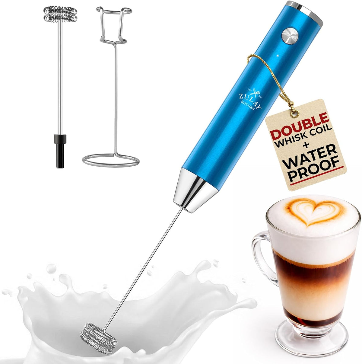 Zulay Kitchen Milk Frother Handheld Electric Whisk – Frother Wand, Durable Drink Mixer, Coffee Frother, Hand Blender, Frother for Protein Powder, Matcha & More - Black