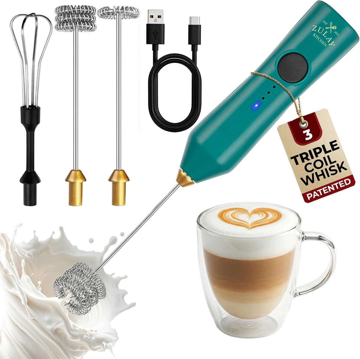 Zulay Kitchen Milk Frother Handheld Electric Whisk – Frother Wand, Durable Drink Mixer, Coffee Frother, Hand Blender, Frother for Protein Powder, Matcha & More - Black