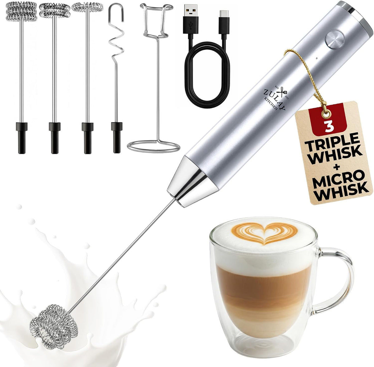 Zulay Kitchen Milk Frother Handheld Electric Whisk – Frother Wand, Durable Drink Mixer, Coffee Frother, Hand Blender, Frother for Protein Powder, Matcha & More - Black