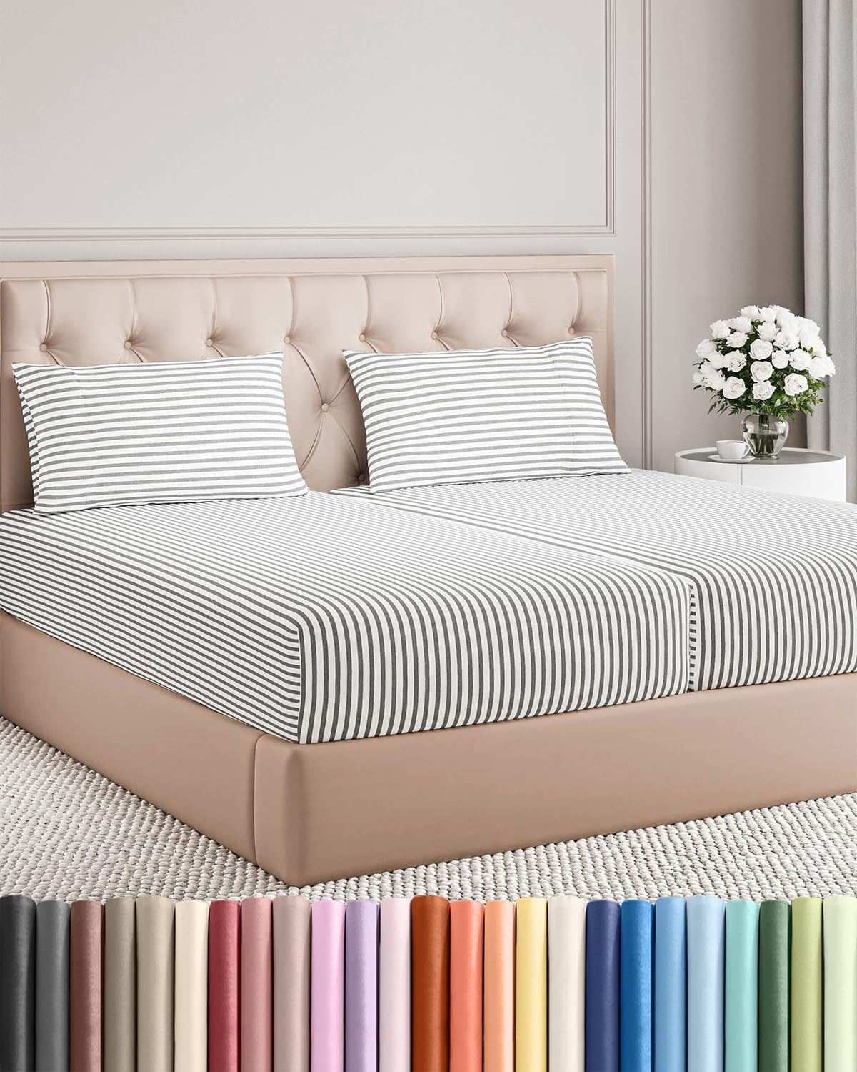 Queen Size 4 Piece Sheet Set - Breathable & Cooling Sheets - Blue Stripes
