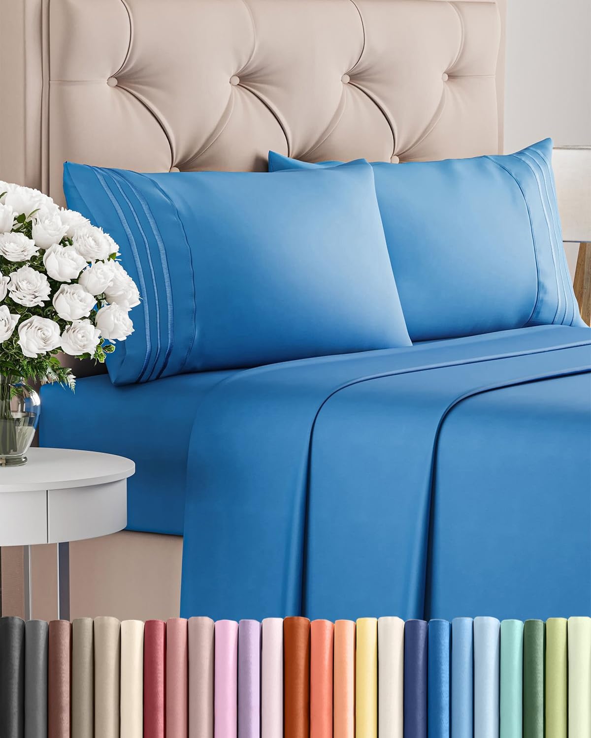 Queen Size 4 Piece Sheet Set - Breathable & Cooling Sheets - Blue Stripes