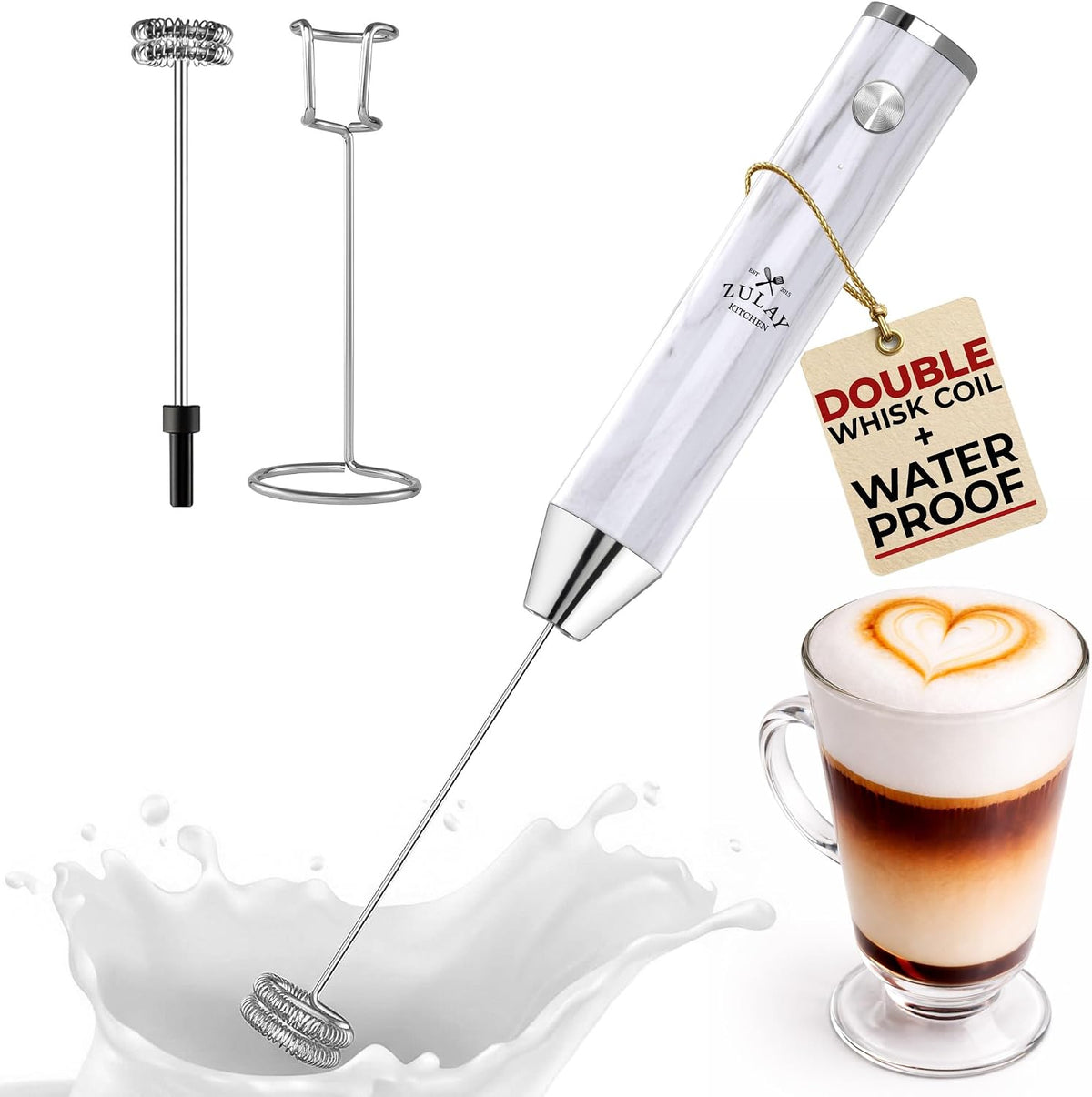 Zulay Kitchen Milk Frother Handheld Electric Whisk – Frother Wand, Durable Drink Mixer, Coffee Frother, Hand Blender, Frother for Protein Powder, Matcha & More - Black