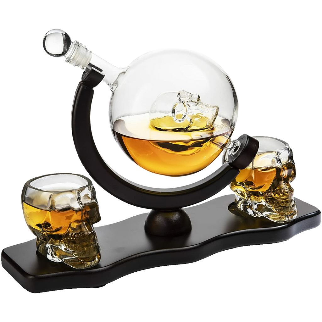 Skull Skeleton Wine Whiskey Globe Decanter Set 850 Ml With 2 Skull Head 3OZ Skeletons Shot Glasses M