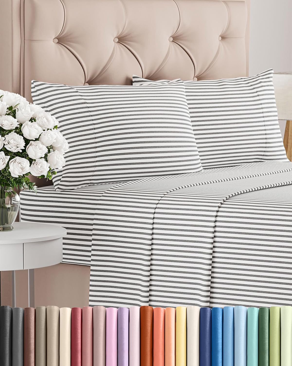 Queen Size 4 Piece Sheet Set - Breathable & Cooling Sheets - Blue Stripes