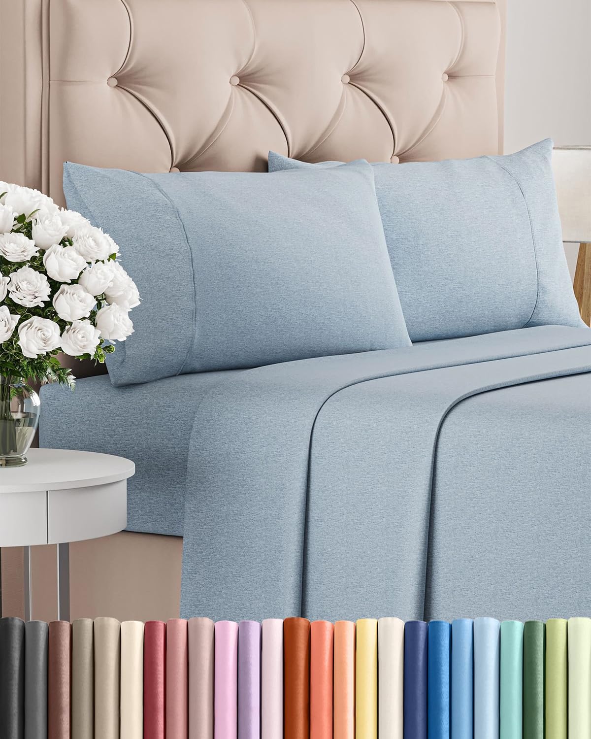 Queen Size 4 Piece Sheet Set - Breathable & Cooling Sheets - Blue Stripes