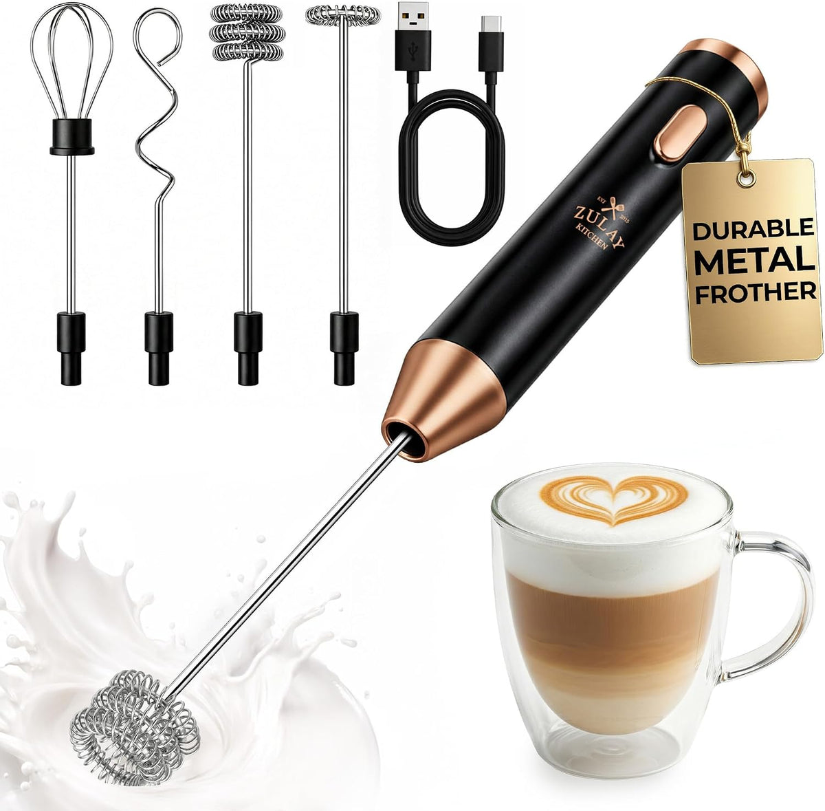 Zulay Kitchen Milk Frother Handheld Electric Whisk – Frother Wand, Durable Drink Mixer, Coffee Frother, Hand Blender, Frother for Protein Powder, Matcha & More - Black