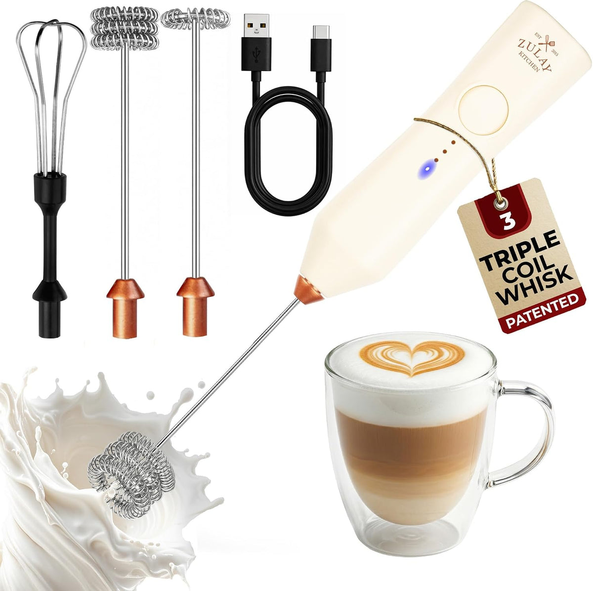 Zulay Kitchen Milk Frother Handheld Electric Whisk – Frother Wand, Durable Drink Mixer, Coffee Frother, Hand Blender, Frother for Protein Powder, Matcha & More - Black
