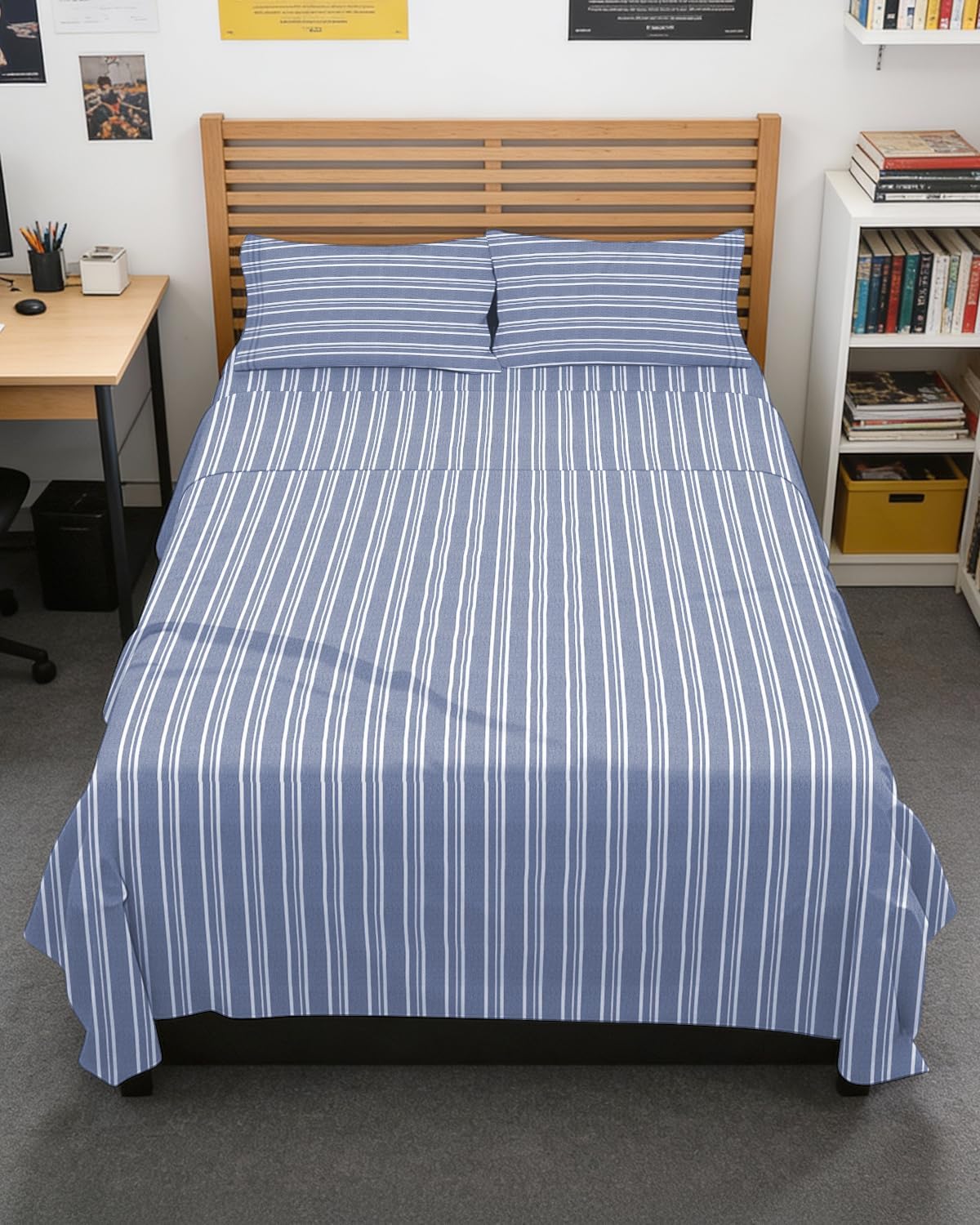 Queen Size 4 Piece Sheet Set - Breathable & Cooling Sheets - Blue Stripes