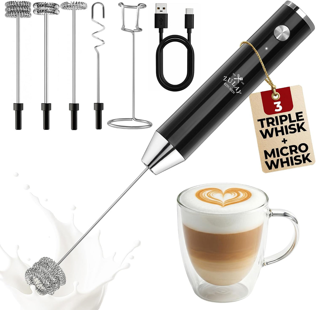 Zulay Kitchen Milk Frother Handheld Electric Whisk – Frother Wand, Durable Drink Mixer, Coffee Frother, Hand Blender, Frother for Protein Powder, Matcha & More - Black