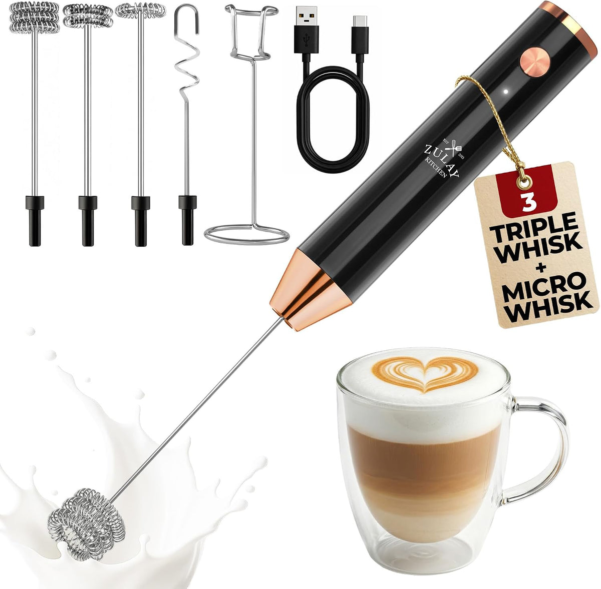 Zulay Kitchen Milk Frother Handheld Electric Whisk – Frother Wand, Durable Drink Mixer, Coffee Frother, Hand Blender, Frother for Protein Powder, Matcha & More - Black