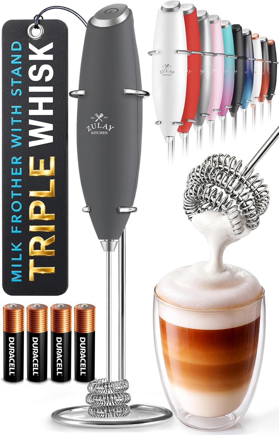 Zulay Kitchen Milk Frother Handheld Electric Whisk – Frother Wand, Durable Drink Mixer, Coffee Frother, Hand Blender, Frother for Protein Powder, Matcha & More - Black