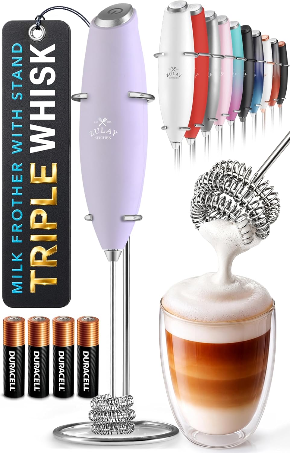 Zulay Kitchen Milk Frother Handheld Electric Whisk – Frother Wand, Durable Drink Mixer, Coffee Frother, Hand Blender, Frother for Protein Powder, Matcha & More - Black