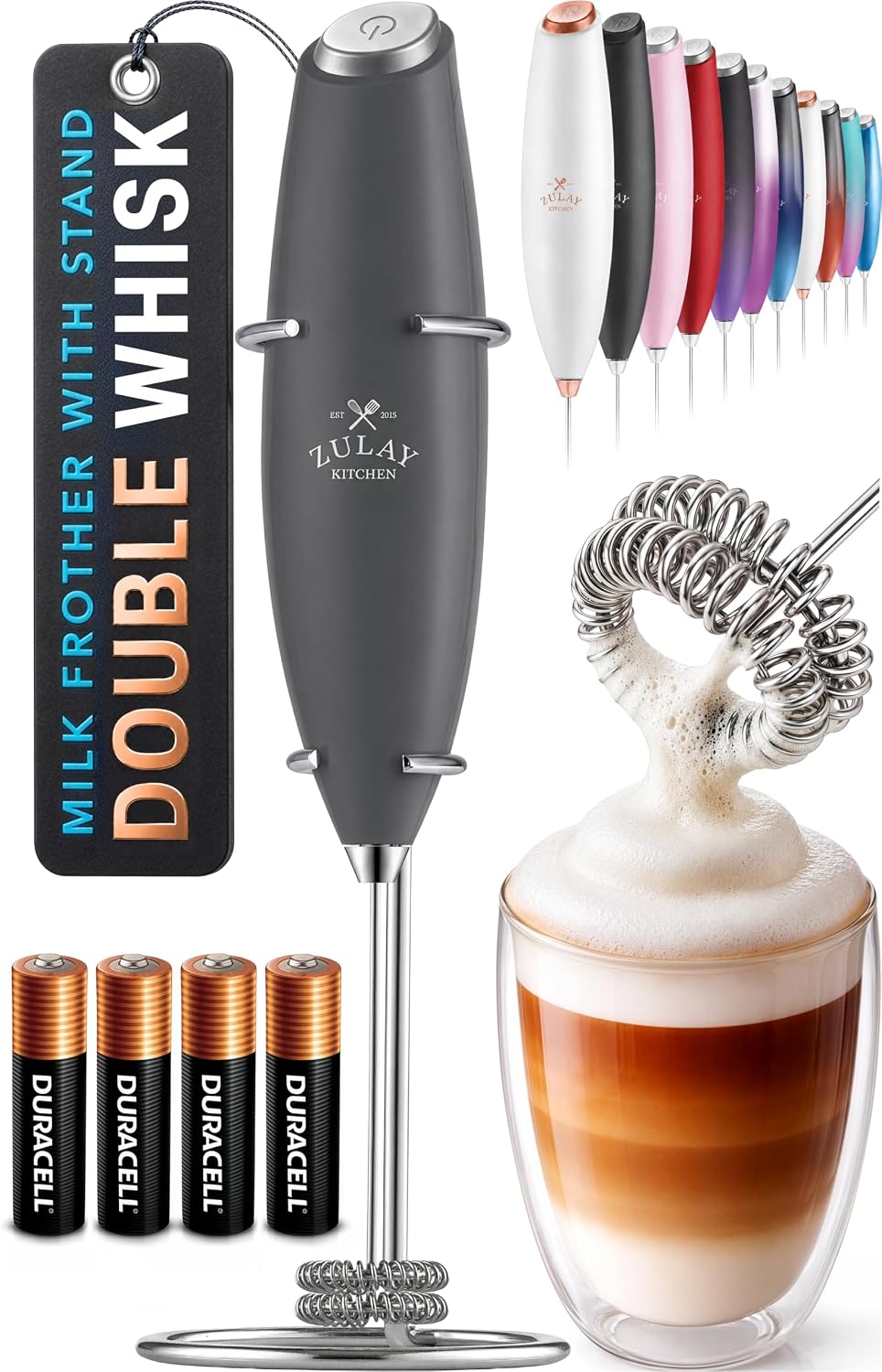Zulay Kitchen Milk Frother Handheld Electric Whisk – Frother Wand, Durable Drink Mixer, Coffee Frother, Hand Blender, Frother for Protein Powder, Matcha & More - Black