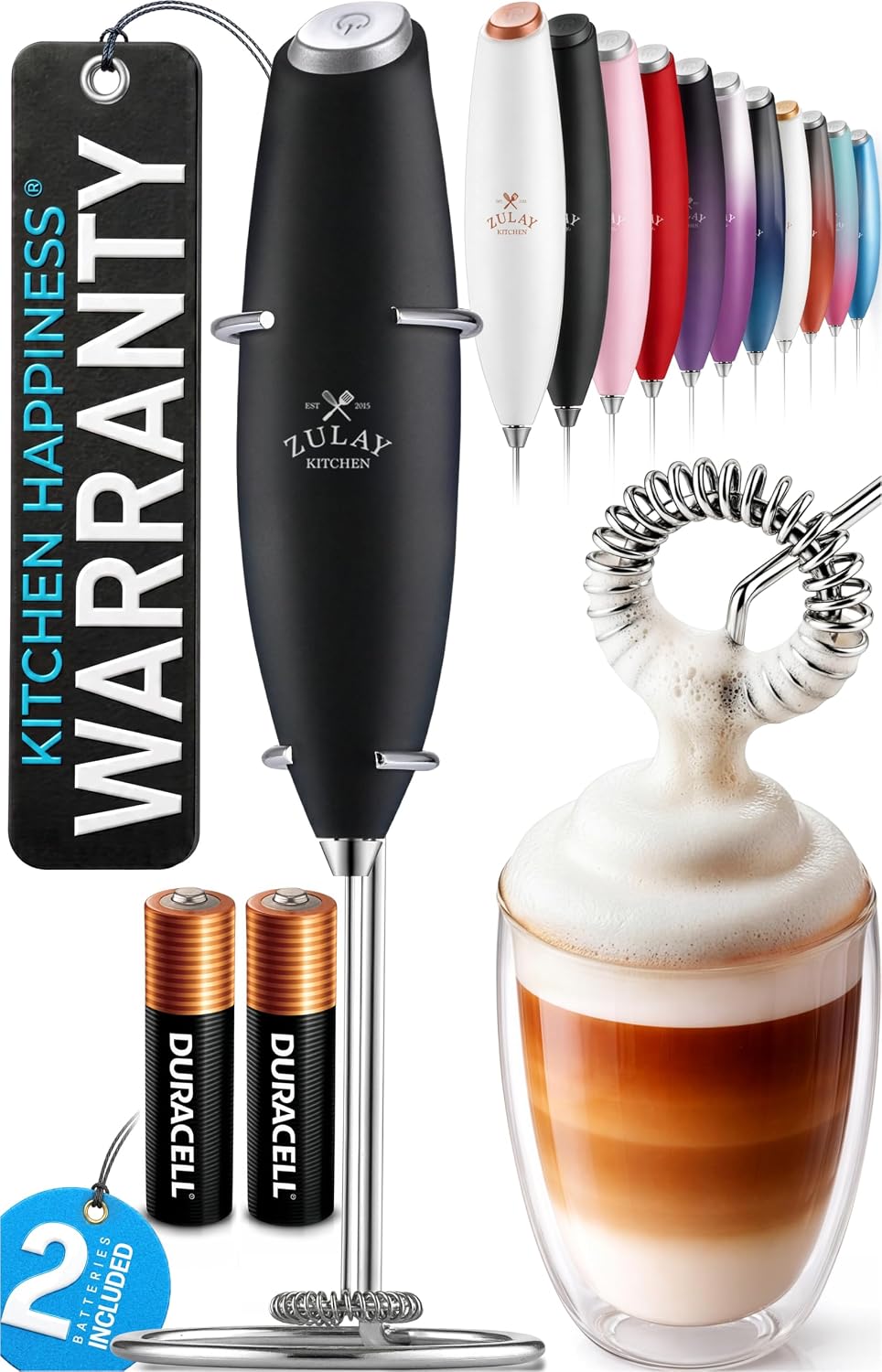 Zulay Kitchen Milk Frother Handheld Electric Whisk – Frother Wand, Durable Drink Mixer, Coffee Frother, Hand Blender, Frother for Protein Powder, Matcha & More - Black