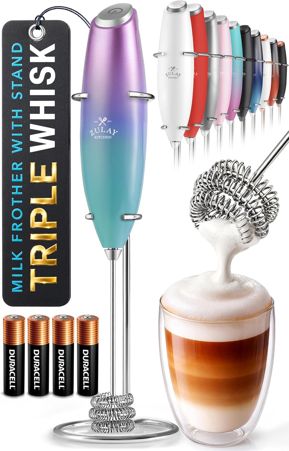 Zulay Kitchen Milk Frother Handheld Electric Whisk – Frother Wand, Durable Drink Mixer, Coffee Frother, Hand Blender, Frother for Protein Powder, Matcha & More - Black