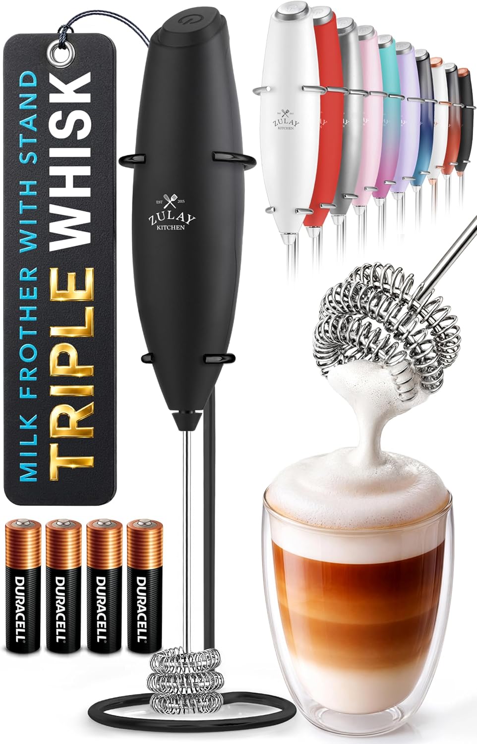 Zulay Kitchen Milk Frother Handheld Electric Whisk – Frother Wand, Durable Drink Mixer, Coffee Frother, Hand Blender, Frother for Protein Powder, Matcha & More - Black