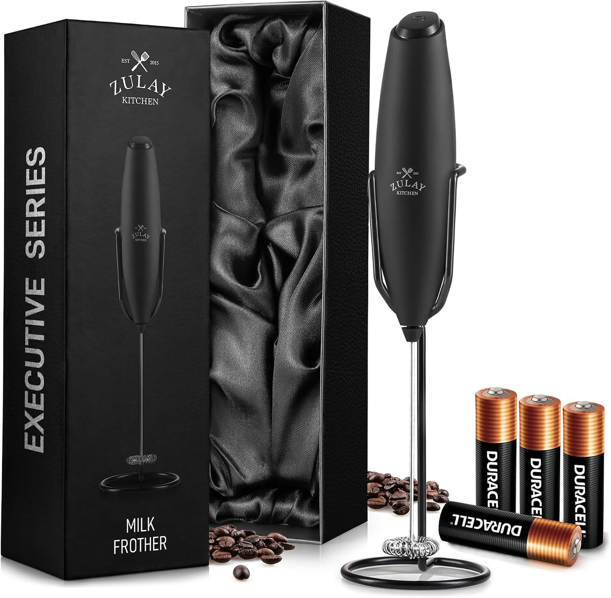 Zulay Kitchen Milk Frother Handheld Electric Whisk – Frother Wand, Durable Drink Mixer, Coffee Frother, Hand Blender, Frother for Protein Powder, Matcha & More - Black