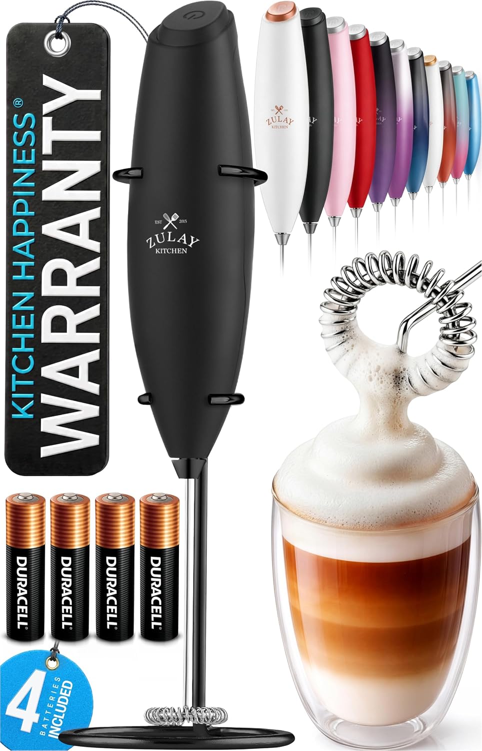 Zulay Kitchen Milk Frother Handheld Electric Whisk – Frother Wand, Durable Drink Mixer, Coffee Frother, Hand Blender, Frother for Protein Powder, Matcha & More - Black