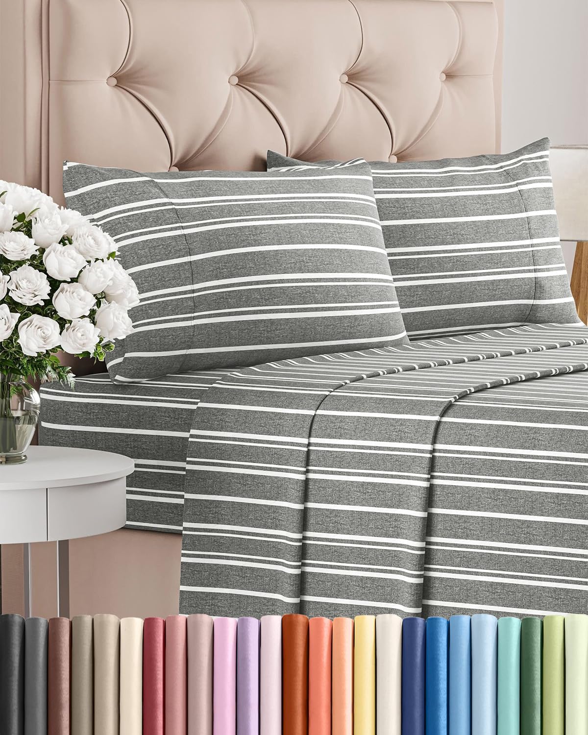 Queen Size 4 Piece Sheet Set - Breathable & Cooling Sheets - Blue Stripes