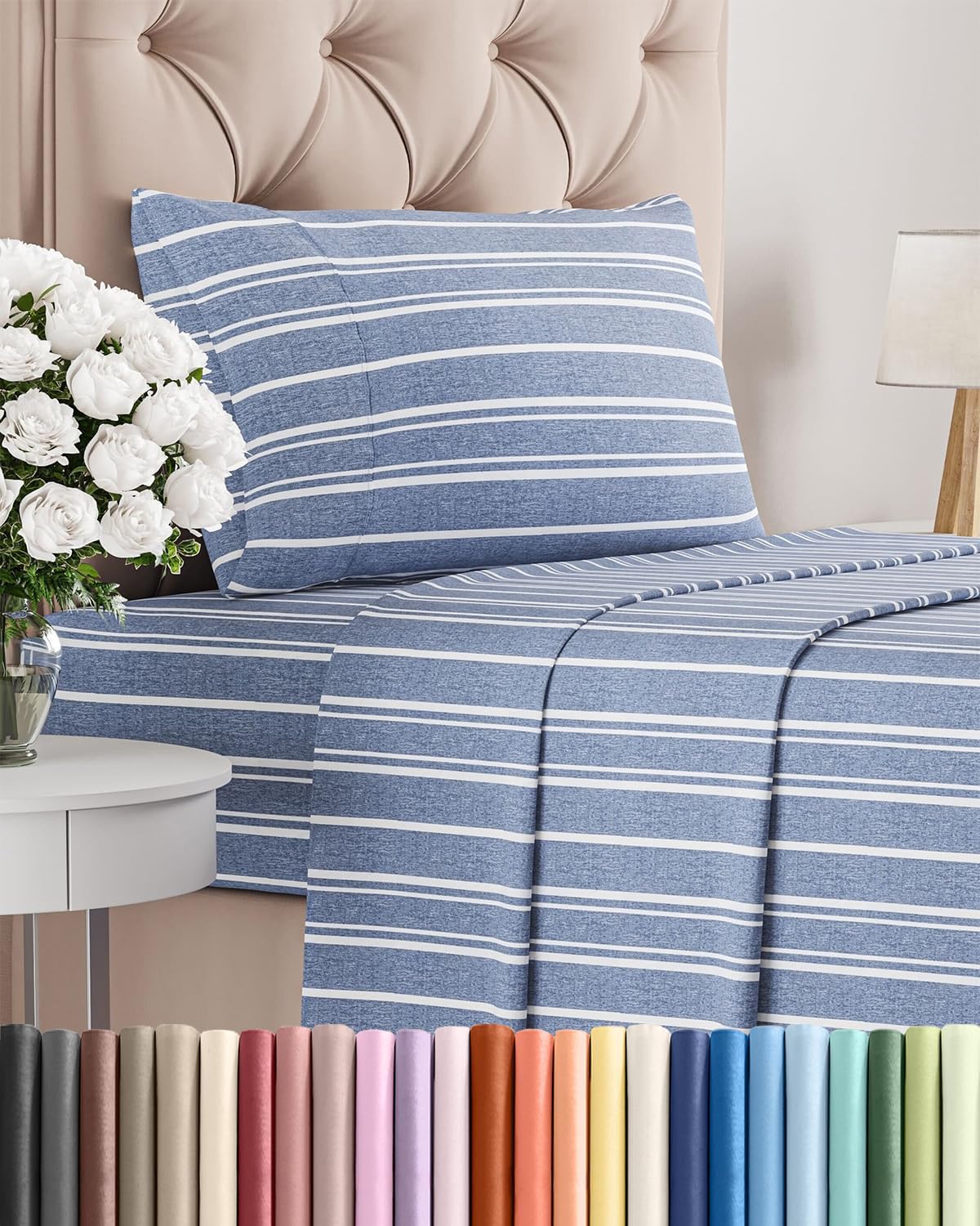 Queen Size 4 Piece Sheet Set - Breathable & Cooling Sheets - Blue Stripes