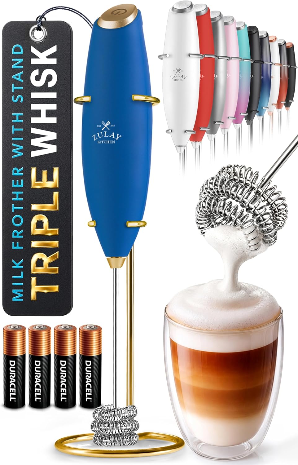 Zulay Kitchen Milk Frother Handheld Electric Whisk – Frother Wand, Durable Drink Mixer, Coffee Frother, Hand Blender, Frother for Protein Powder, Matcha & More - Black