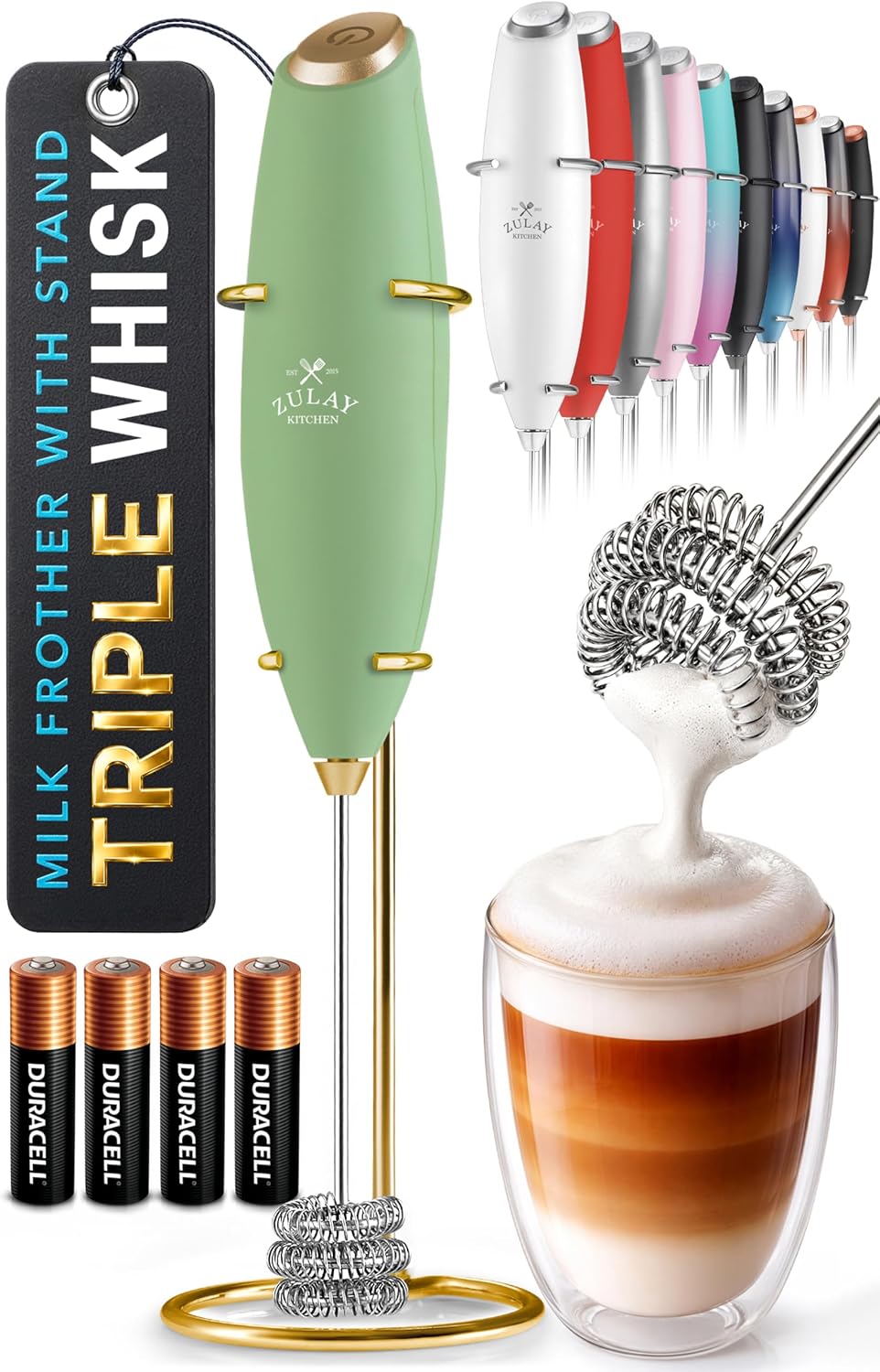 Zulay Kitchen Milk Frother Handheld Electric Whisk – Frother Wand, Durable Drink Mixer, Coffee Frother, Hand Blender, Frother for Protein Powder, Matcha & More - Black
