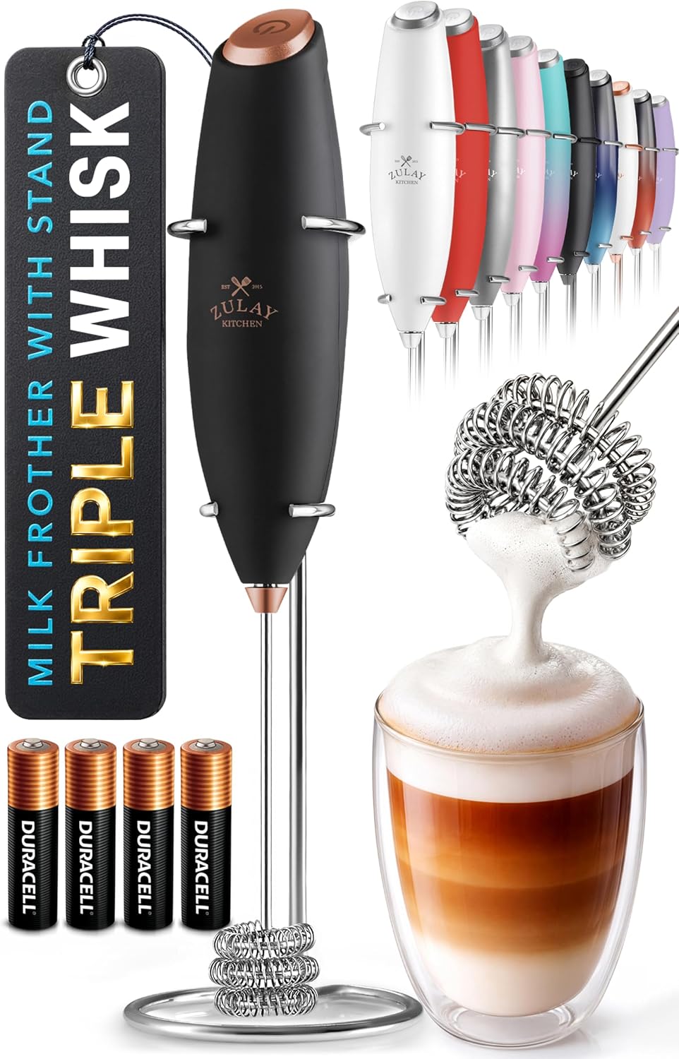 Zulay Kitchen Milk Frother Handheld Electric Whisk – Frother Wand, Durable Drink Mixer, Coffee Frother, Hand Blender, Frother for Protein Powder, Matcha & More - Black
