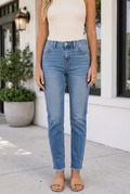 Sky Blue Double Button Raw Hem Slim Fit Jeans