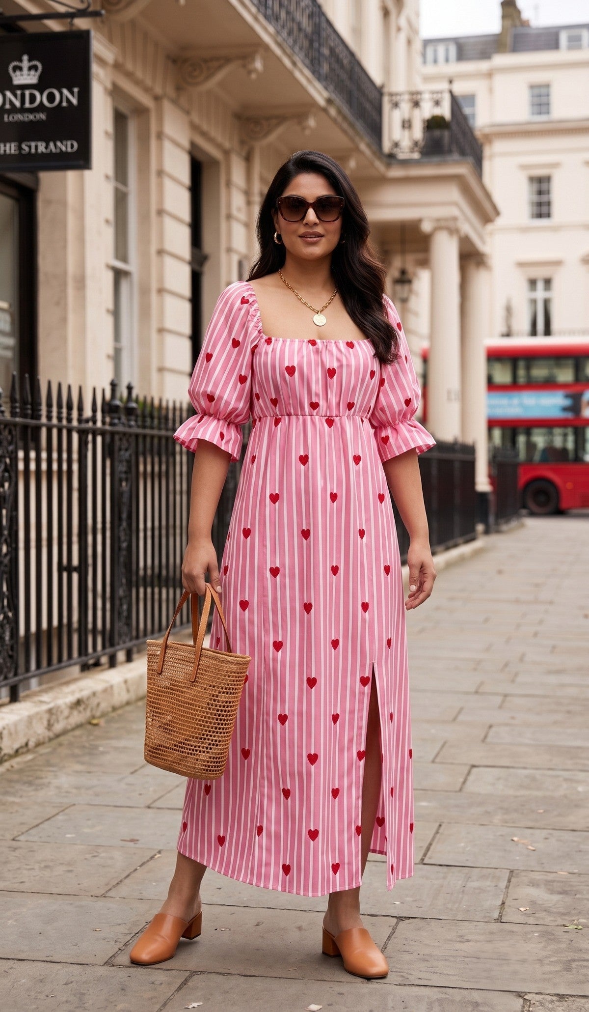 Plus Size Pink Heart Print Cotton Maxi Dress for Women | Square Neck Flared Dress