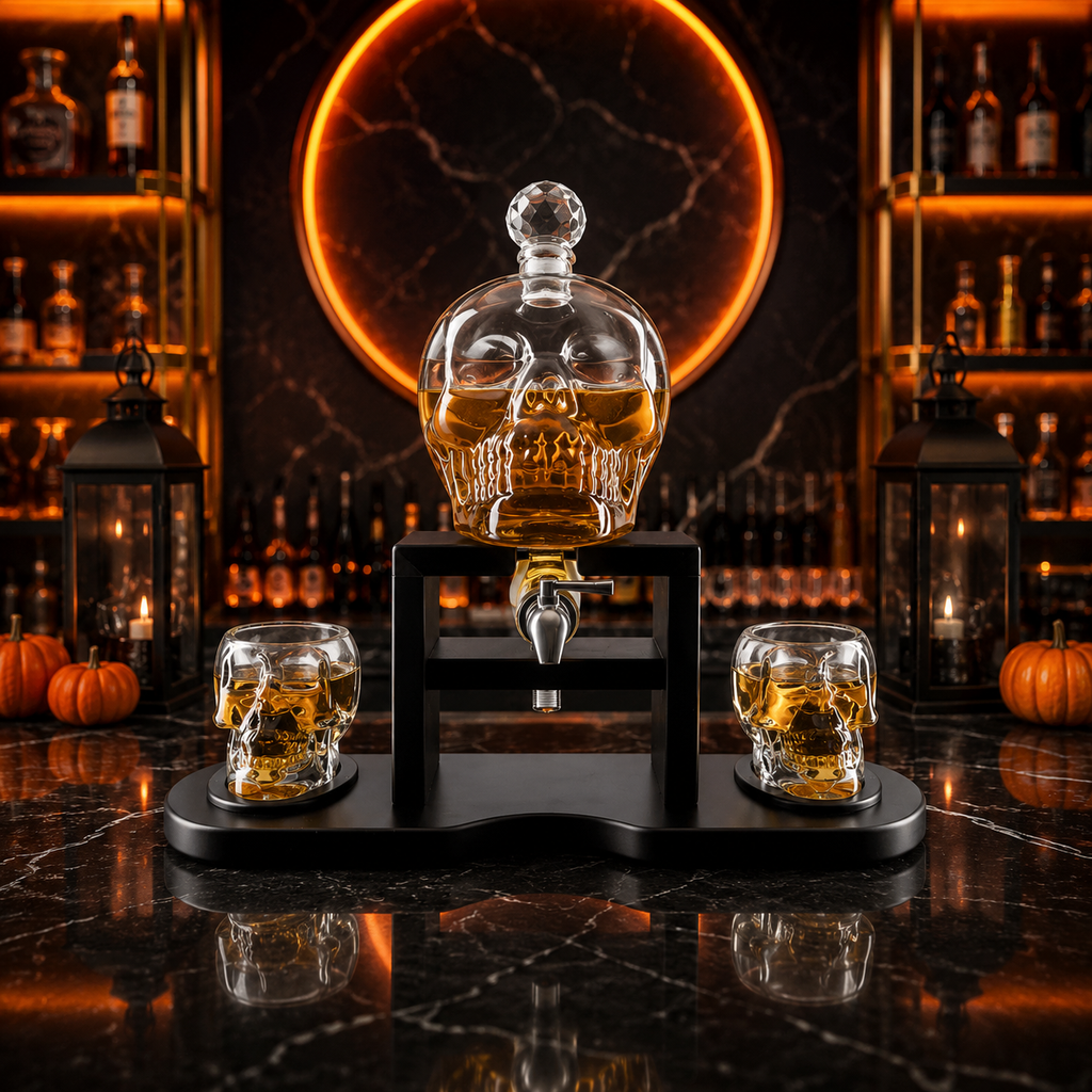 Skull Skeleton Wine Whiskey Globe Decanter Set 850 Ml With 2 Skull Head 3OZ Skeletons Shot Glasses M