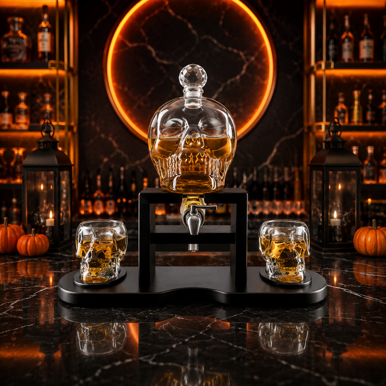 Skull Skeleton Wine Whiskey Globe Decanter Set 850 Ml With 2 Skull Head 3OZ Skeletons Shot Glasses M
